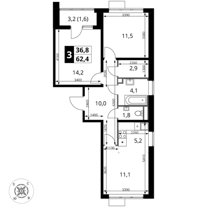 62,4 м², 3-комн. квартира, 2/16 этаж