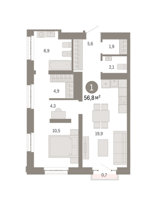 56,8 м², 1-комн. квартира, 25/31 этаж