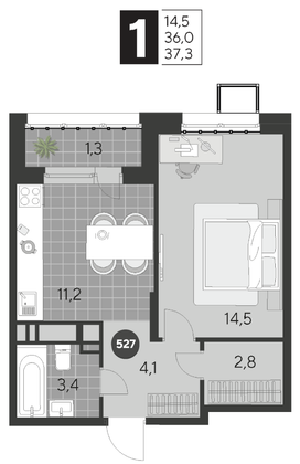 Продажа 1-комнатной квартиры 37,3 м², 11/21 этаж