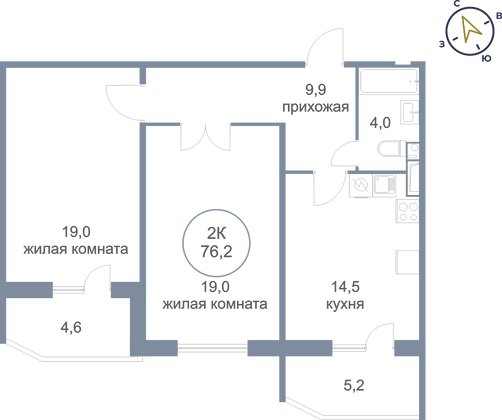 76,2 м², 2-комн. квартира, 9/17 этаж