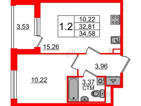 Продажа 1-комнатной квартиры 32,8 м², 3/4 этаж