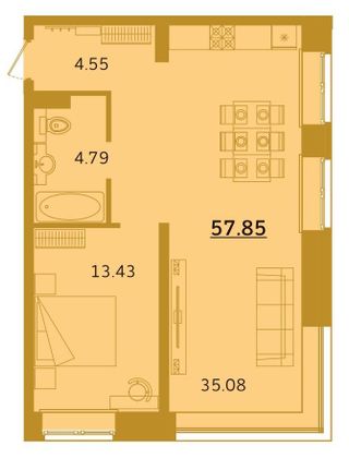 57,8 м², студия, 7/18 этаж