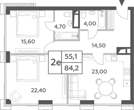 Продажа 2-комнатной квартиры 84,2 м², 39/52 этаж