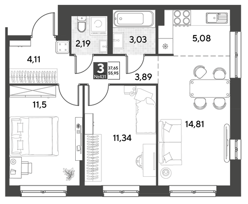 Продажа 3-комнатной квартиры 56 м², 7/21 этаж