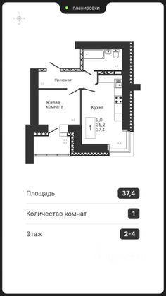 Продажа 1-комнатной квартиры 37,4 м², 5/12 этаж