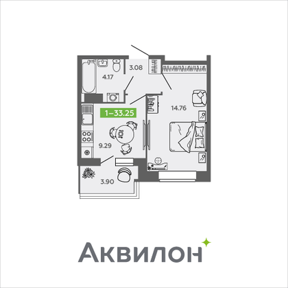 33,3 м², 1-комн. квартира, 9/9 этаж