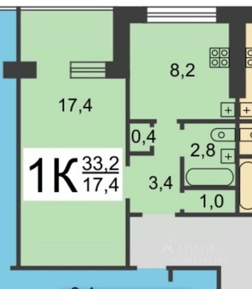 Продажа 1-комнатной квартиры 33,2 м², 6/9 этаж