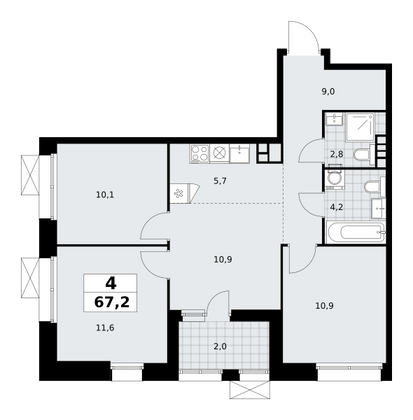 67,2 м², 4-комн. квартира, 6/21 этаж