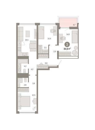 84,6 м², 3-комн. квартира, 3/6 этаж