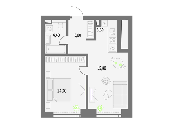 43,1 м², 1-комн. квартира, 25/55 этаж