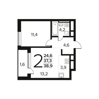 38,9 м², 2-комн. квартира, 3/7 этаж