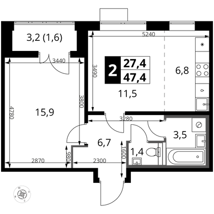 47,4 м², 2-комн. квартира, 21/24 этаж