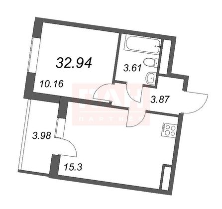 Продажа 1-комнатной квартиры 32,9 м², 3/5 этаж