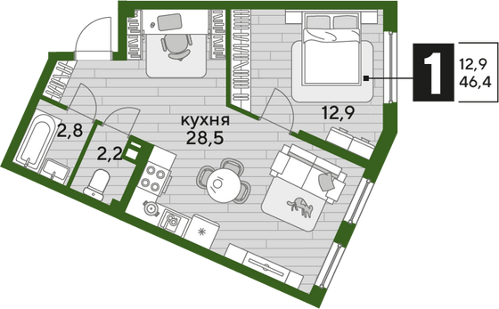Продажа 1-комнатной квартиры 46,4 м², 3/19 этаж