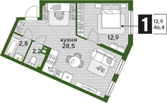 Продажа 1-комнатной квартиры 46,4 м², 7/19 этаж