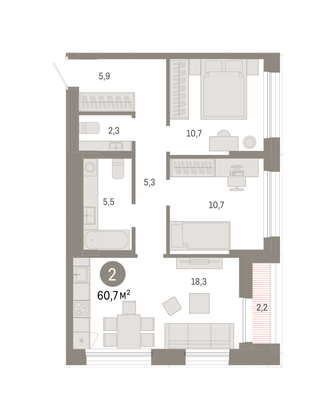 Продажа 2-комнатной квартиры 60,7 м², 9/9 этаж