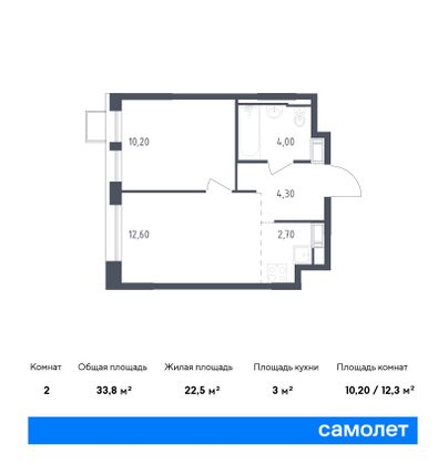 33,8 м², 2-комн. квартира, 6/10 этаж