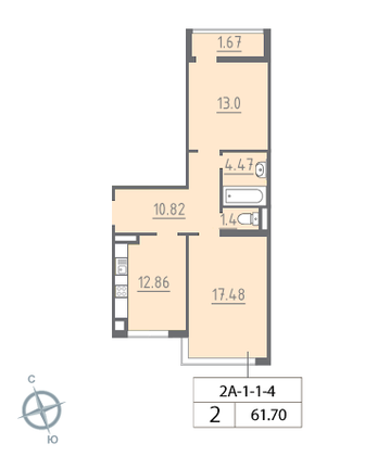 61,7 м², 2-комн. квартира, 1/4 этаж