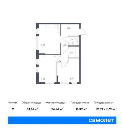 54,5 м², 2-комн. квартира, 2/11 этаж