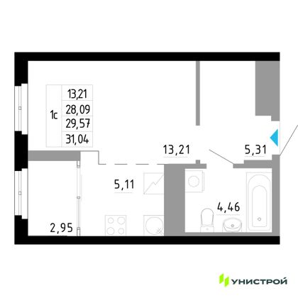 29,6 м², 1-комн. квартира, 16/27 этаж