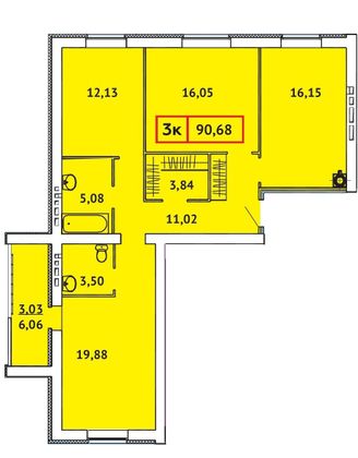 Продажа 3-комнатной квартиры 90,7 м², 2/9 этаж