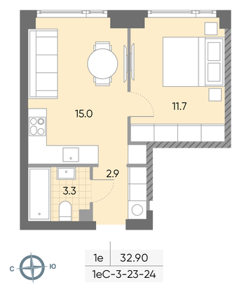 Продажа 1-комнатной квартиры 32,9 м², 24/52 этаж