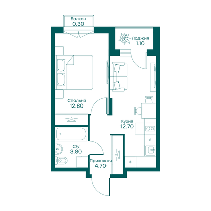 35,4 м², 1-комн. квартира, 6/6 этаж