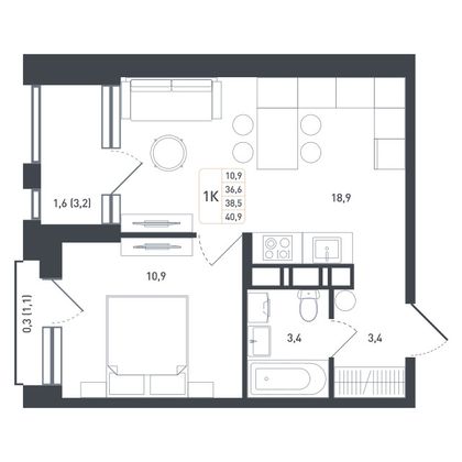 38,5 м², 1-комн. квартира, 8/8 этаж