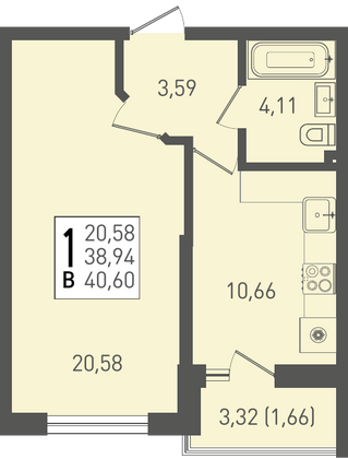 40,6 м², 1-комн. квартира, 2/22 этаж