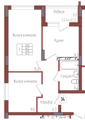 44,3 м², 2-комн. квартира, 5/9 этаж