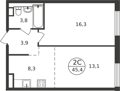 45,4 м², 2-комн. квартира, 9/9 этаж