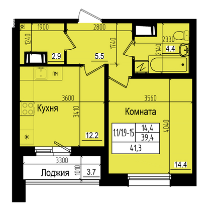 41,3 м², 1-комн. квартира, 17/23 этаж