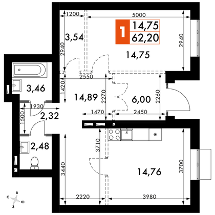 62,2 м², 1-комн. квартира, 1/4 этаж