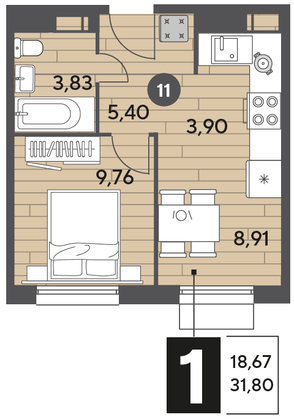 Продажа 1-комнатной квартиры 31,8 м², 3/9 этаж