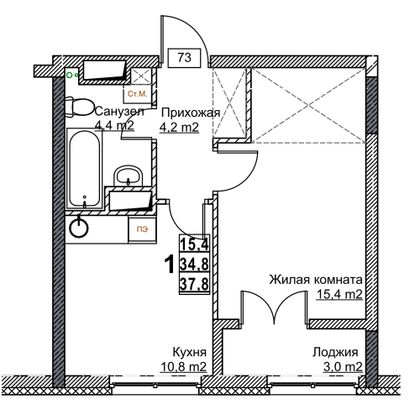 Продажа 1-комнатной квартиры 37,8 м², 9/24 этаж