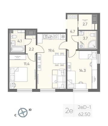62,5 м², 2-комн. квартира, 24/25 этаж