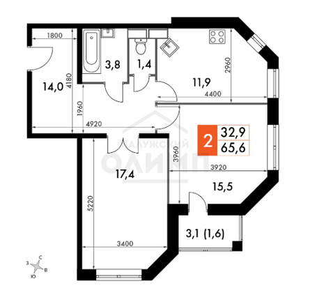 Продажа 2-комнатной квартиры 65,7 м², 1/14 этаж