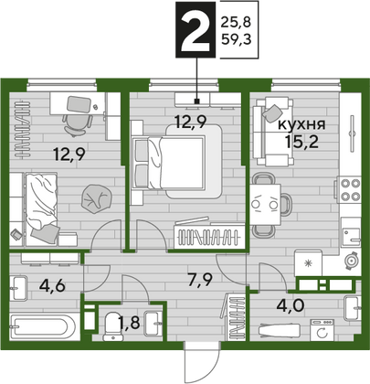 Продажа 2-комнатной квартиры 59,3 м², 11/16 этаж