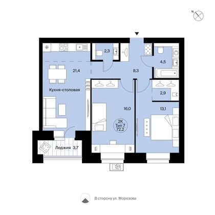 72,2 м², 2-комн. квартира, 8/12 этаж