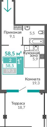 58,5 м², 1-комн. квартира, 1/10 этаж