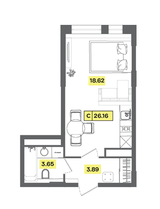 Продажа квартиры-студии 26,2 м², 2 этаж