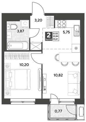 Продажа 2-комнатной квартиры 34,6 м², 25/25 этаж