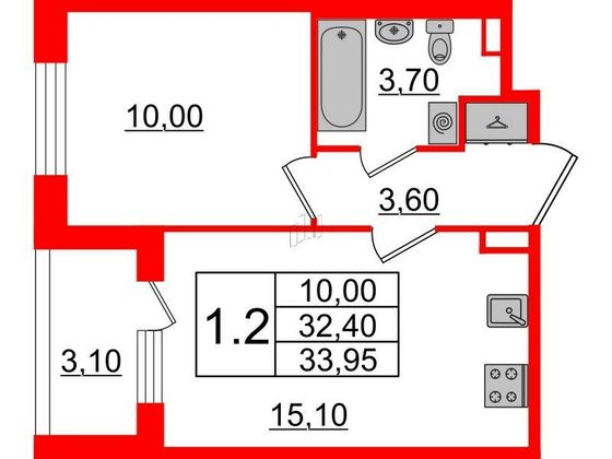 Продажа 1-комнатной квартиры 32,4 м², 2/4 этаж