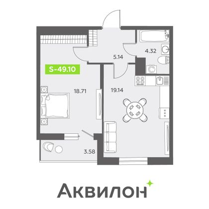 49,1 м², 1-комн. квартира, 13/13 этаж