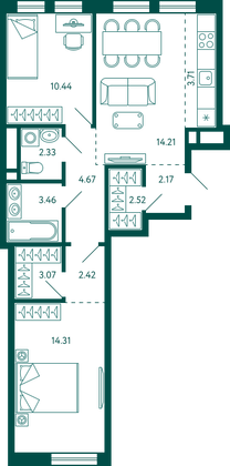 63,3 м², 2-комн. квартира, 9/16 этаж