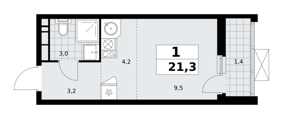 21,3 м², своб. планировка, 13/19 этаж