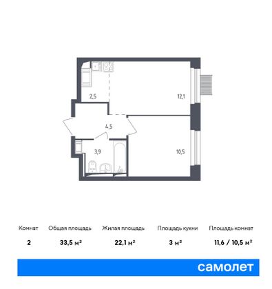 33,5 м², 2-комн. квартира, 9/17 этаж