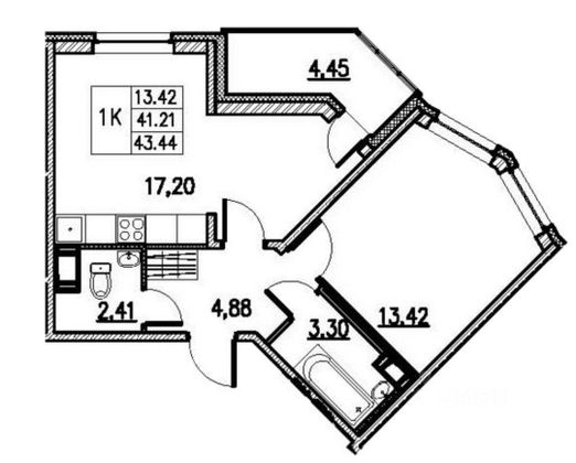 Продажа 1-комнатной квартиры 43,4 м², 10/12 этаж