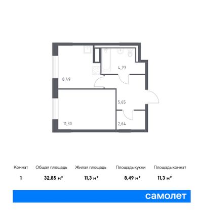 32,8 м², 1-комн. квартира, 6/9 этаж