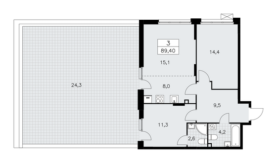 89,4 м², 3-комн. квартира, 2/19 этаж